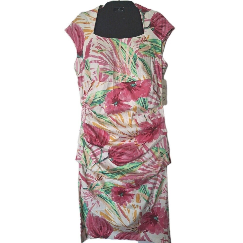 SANGRIA Ruched Dress Size 10 Bold Floral Print Square Neck Cap Sleeve Cotton New